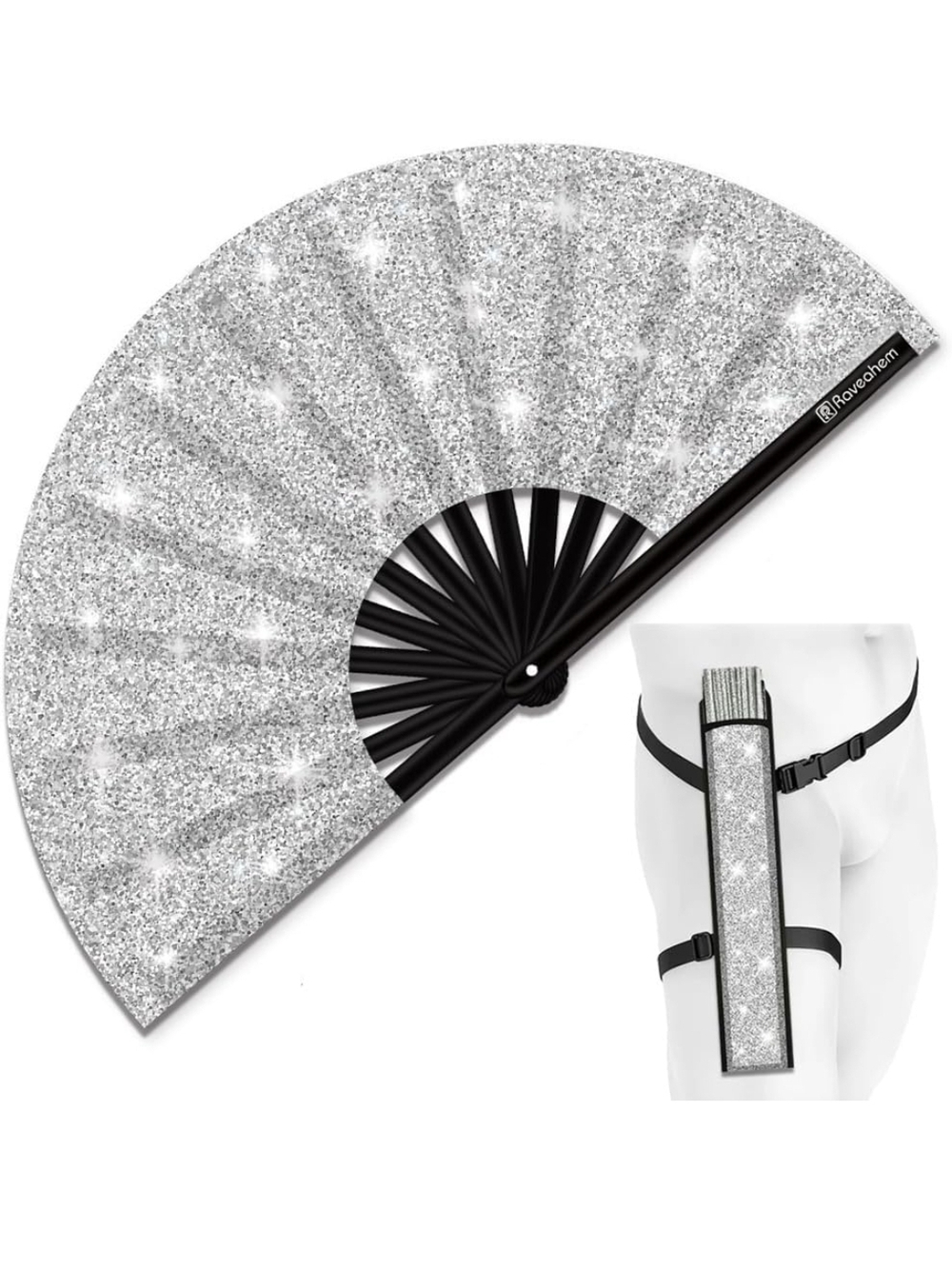 Silver Glitter Folding Fan with Carry Holster